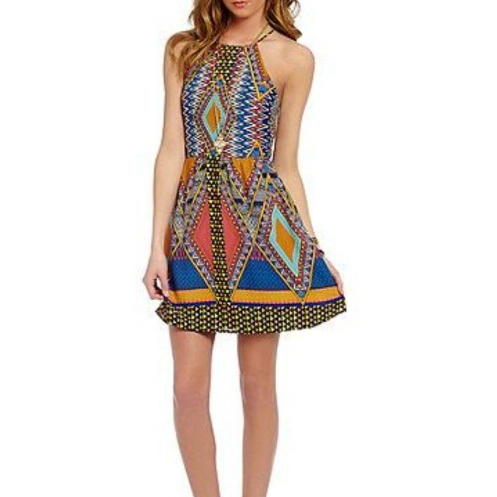 Gianni Bini Geometric Pattern Halter Neck Mini Dress, Lined, Colorful, M
